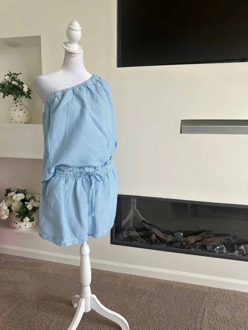 LOFT Light Blue & White Striped One-Shoulder set blouse and short